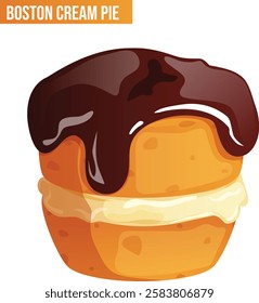 Authentic Boston Cream Pie Cupcake. Sponge Cake with Vanilla Custard Filling and Chocolate Glazed. Confectionery Pastry Isolated Vector Art.