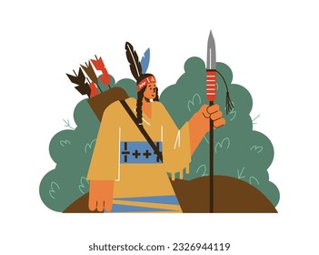 Auténtico guerrero o cazador nativo americano. Miembros de la tribu con ropa tradicional india con flechas de armas, lanza. Ilustración aislada vectorial en estilo de caricatura de doodle sobre fondo blanco.
