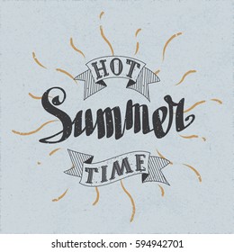 Authentic Calligraphic Logo Lettering Hot Summer Time Text Composition with Vintage Ribbons and Rays - Pale Black and Beige Grunge Elements on Blue Rough Paper Background - Vector Calligraphy Style