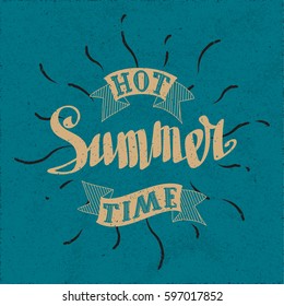 Authentic Calligraphic Logo Lettering Hot Summer Time Text Composition with Vintage Ribbons and Rays - Beige and Black Grunge Elements on Turquoise Rough Paper Background - Vector Hand Drawn Graphic