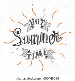 Authentic Calligraphic Logo Lettering Hot Summer Time Text Composition with Vintage Ribbons and Rays - Black and Orange Elements on White Paper Background - Vector Hand Drawn and Woodcut Graphic