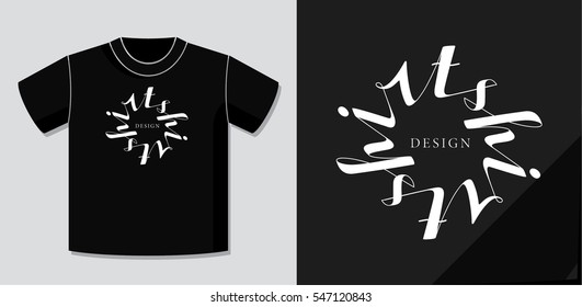 Authentic Calligraphic Logo Lettering T-shirt Design Creative Concept with Potential Application Example on T-Shirt Vector Template - White Elements on Black Background - Flat Graphic Style