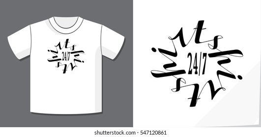 Authentic Calligraphic Logo Lettering T-shirt 24 on 7 Creative Concept with Potential Application Example on T-Shirt Vector Template - Black Elements on White Background - Flat Graphic Design