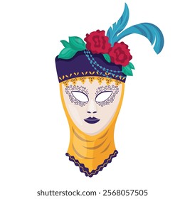 Authentic carnival mask for woman with hat decorated flowers and feather Mardi gras holiday masque in medieval style Masquerade party accessory capturing spirit of celebration Vector flat illustration