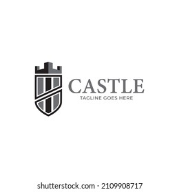 Authentic Castle tower and shield silhouette for real estate, protect systems.