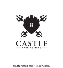 Authentic Castle tower and shield silhouette for real estate, protect systems.