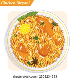 Authentische Hühnchen Biryani Platte Draufsicht Illustration. Huhn Boti, Beinstück, Sternanis, Zitrone, schwarzer Pfeffer, Minze und Petersilie zwischen buntem Reis   