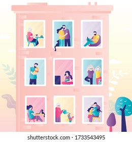 Authentic city building. Various families in windows. People stay at home. Urban view, weekend day concept banner. Different people in trendy style. Flat Vector illustration