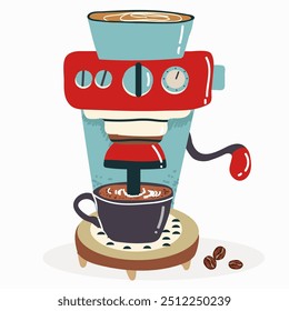 Authentic coffee machine for cafe, coffee shop, restaurants, t-shirts, brochures, posters Vector illustration. Hand drawing. Flat design.