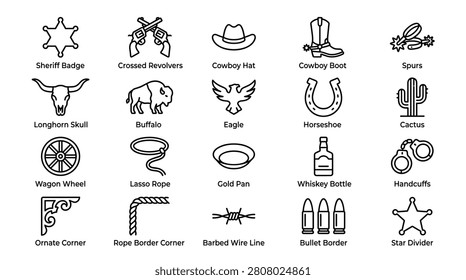 Authentic collection of western heritage symbols. Includes detailed line art of buffalo skulls spurs lassos and whiskey bottles. Great for ranch branding country music festivals vintage western posters and historical illustrations. Classic outlaw and lawman aesthetic elements.