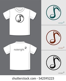 Authentic Concept Logo Design Idea Depicting Music Note Sign and Noteright Text with Potential Application Example on T-Shirt Vector Template - Black Elements on White Background - Flat Graphic Style