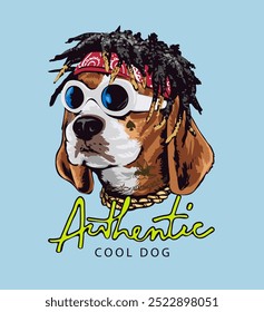 slogan autêntico caligrafia de cachorro legal com cabeça de cachorro em óculos de sol e ilustração de vetor de bandana