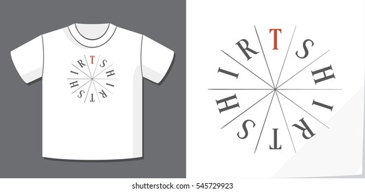 Authentic Creative Concept Lettering Logo Design of Word T-shirt and Needles Dividers with Potential Application Example on T-Shirt Template - Grey and Red Elements on White Background - Flat Graphic