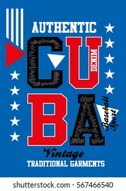 authentic cuba baseball sport,t-shirt print poster vector illustration