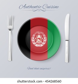Authentic Cuisine of Afghanistan. Plate with Afghan Flag and Cutlery