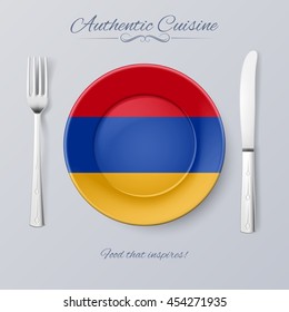 Authentic Cuisine of Armenia. Plate with Armenian Flag and Cutlery