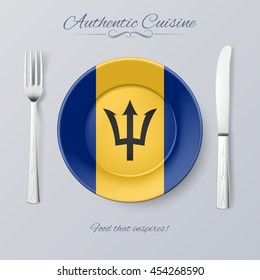 Authentic Cuisine of Barbados. Plate with Barbadian Flag and Cutlery