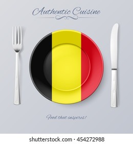 Authentic Cuisine of Belgium. Plate with Belgian Flag and Cutlery