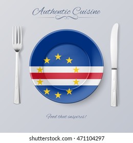 Authentic Cuisine of Cape Verde. Plate with Flag and Cutlery