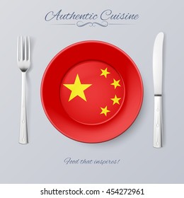 Authentic Cuisine of China. Plate with Chinese Flag and Cutlery