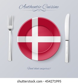Authentic Cuisine of Denmark. Plate with Danish Flag and Cutlery