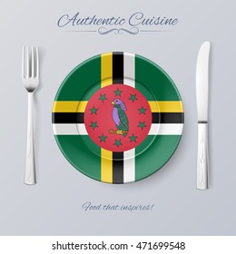 Authentic Cuisine of Dominica. Plate with Dominican Flag and Cutlery