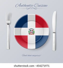 Authentic Cuisine Of Dominican Republic. Plate With Flag And Cutlery