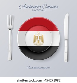 Authentic Cuisine of Egypt. Plate with Egyptian Flag and Cutlery