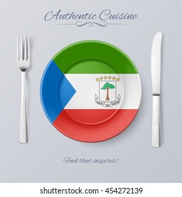 Authentic Cuisine of Equatorial Guinea. Plate with Flag and Cutlery