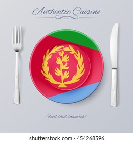 Authentic Cuisine of Eritrea. Plate with Eritrean Flag and Cutlery