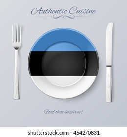 Authentic Cuisine of Estonia. Plate with Estonian Flag and Cutlery