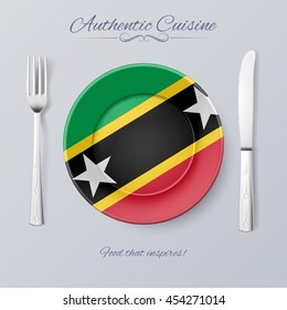 Authentic Cuisine of Federation of Saint Kitts and Nevis. Plate with Flag and Cutlery