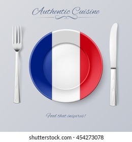 Authentic Cuisine of France. Plate with French Flag and Cutlery