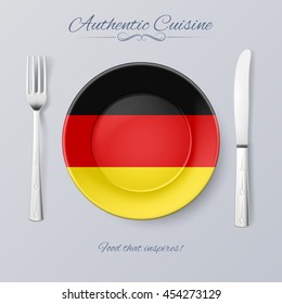 Authentic Cuisine Of Germany. Plate With German Flag And Cutlery