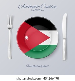 Authentic Cuisine of Jordan. Plate with Jordanian Flag and Cutlery