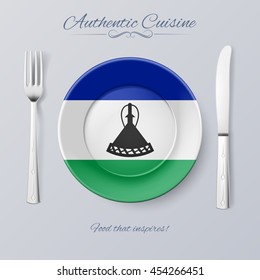 Authentic Cuisine of Lesotho. Plate with Flag and Cutlery