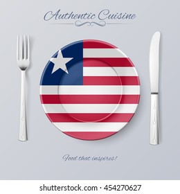 Authentic Cuisine of Liberia. Plate with Liberian Flag and Cutlery