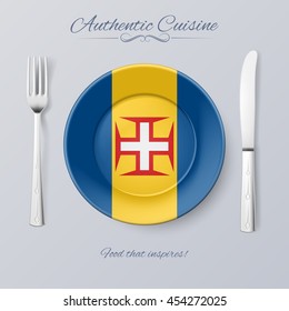 Authentic Cuisine of Madeira. Plate with Flag and Cutlery