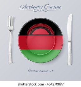 Authentic Cuisine of Malawi. Plate with Malawian Flag and Cutlery