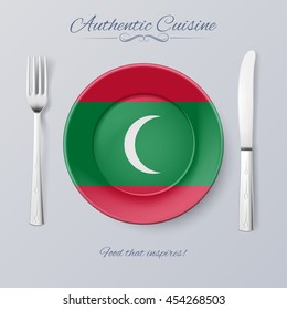 Authentic Cuisine of Maldives. Plate with Maldivian Flag and Cutlery