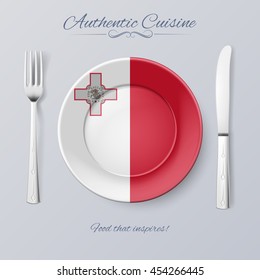 Authentic Cuisine of Malta. Plate with Maltese Flag and Cutlery