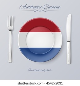 Authentic Cuisine of Netherlands. Plate with Dutch Flag and Cutlery
