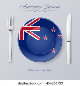 Authentic Cuisine of New Zealand. Plate with Flag and Cutlery