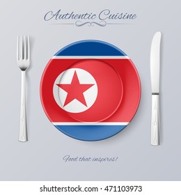 Authentic Cuisine of North Korea. Plate with North Korean Flag and Cutlery