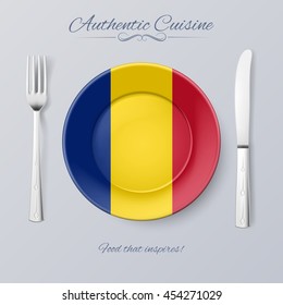 Authentic Cuisine of Romania. Plate with Romanian Flag and Cutlery