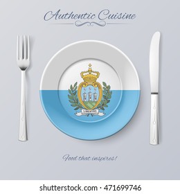 Authentic Cuisine of San Marino. Illustration with a Plate and Cutlery
