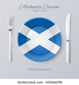 Authentic Cuisine of Scotland. Plate with Scottish Flag and Cutlery