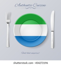 Authentic Cuisine of Sierra Leone. Plate with Flag and Cutlery colors