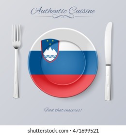 Authentic Cuisine of Slovenia. Plate with Slovene Flag and Cutlery