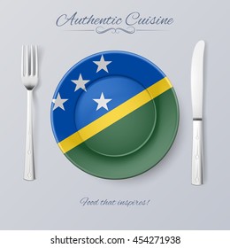 Authentic Cuisine of Solomon Islands. Plate with Flag and Cutlery